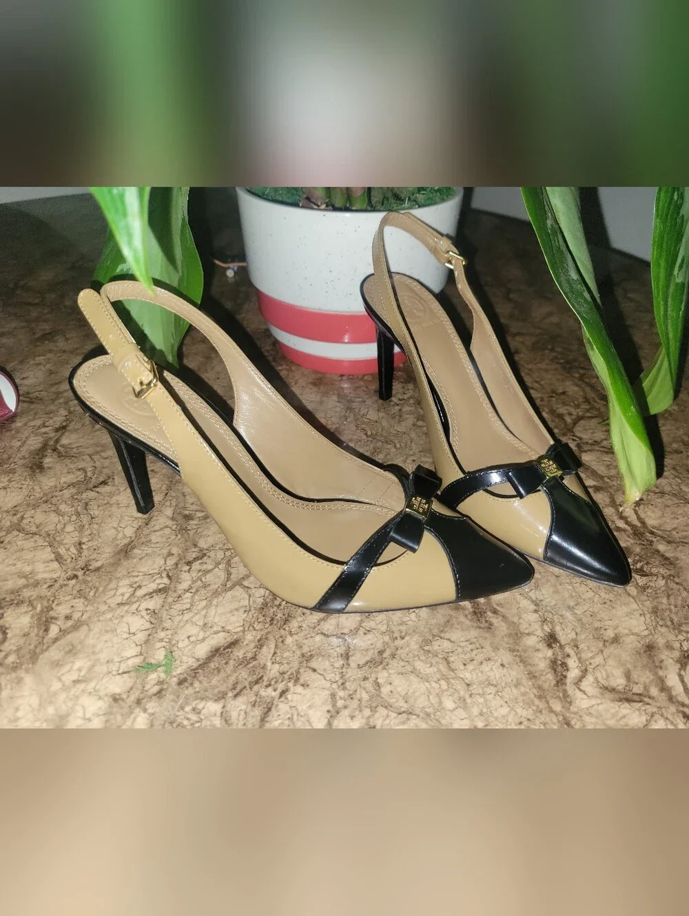 Tory Burch Leather Sling Back Pumps Black Camel 6